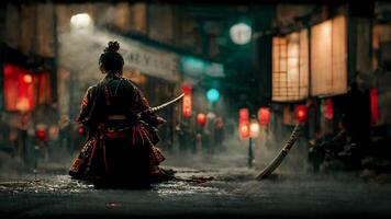 donna in piedi nel il mezzo di un' strada Tenere un' spada. generativo ai. foto