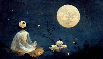 pittura di un' donna seduta sotto un' pieno Luna. generativo ai. foto