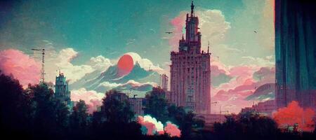 pittura di un' orologio Torre nel un' città. generativo ai. foto