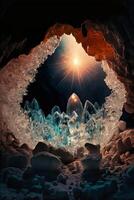 grotta pieno con molte di ghiaccio su superiore di un' neve coperto terra. generativo ai. foto