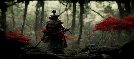 samurai in piedi nel il mezzo di un' foresta. generativo ai. foto