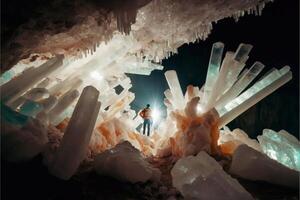 uomo in piedi dentro di un' grotta pieno con ghiaccio cristalli. generativo ai. foto