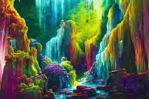 pittura di un' cascata nel il mezzo di un' foresta. generativo ai. foto