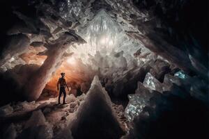 persona in piedi nel il mezzo di un' grotta. generativo ai. foto