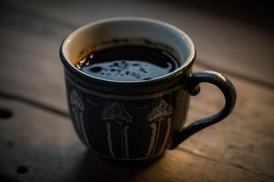 un' tazza di caldo nero caffè su un' di legno tavolo, nel un' Vintage ▾ atmosfera. ai generato foto