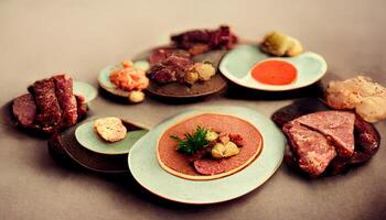 carne piatti, piatti di vario carne. generativo ai foto