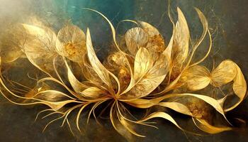 astratto movimento arte con surreale d'oro fiori, inticato flusso onde nel oro colori. generativo ai foto