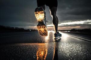 foto dietro a gambe di atleta in esecuzione su il strada pista nel tramonto formazione per maratone e fitness. ai generato