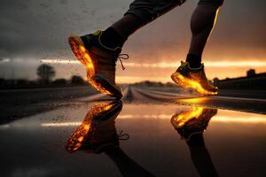 foto dietro a gambe di atleta in esecuzione su il strada pista nel tramonto formazione per maratone e fitness. ai generato