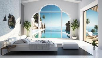 Camera da letto e vivente la zona su piscina ponte e nuoto piscina con panorama mare Visualizza - Camera da letto e nuoto piscina mare Visualizza e isola Visualizza nel Hotel o ricorrere - 3d illustrazione, creare ai foto