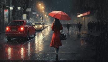 illustrazione pittura di donna rosso camicia con rosso ombrello attraversamento il strada, piovoso notte, creare ai foto