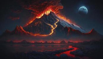 illustrazione pittura di notte paesaggio con vulcano e ardente lava. vulcano eruzione, fantasia paesaggio. 3d illustrazione, creare ai foto