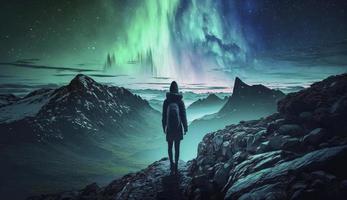 settentrionale luci e giovane donna su montagna picco a notte. aurora boreale, pietre e silhouette di solo ragazza su montagna sentiero. paesaggio con polare luci, creare ai foto