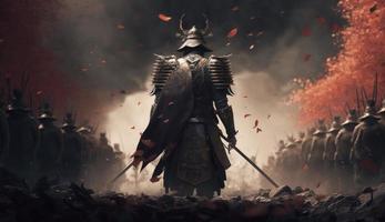 illustrazione pittura un' samurai con un' katana sta pronto per combattimento contro un' enorme esercito. 3d illustrazione. 3d illustrazione, digitale arte stile, creare ai foto