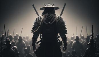 illustrazione pittura un' samurai con un' katana sta pronto per combattimento contro un' enorme esercito. 3d illustrazione. 3d illustrazione, digitale arte stile, creare ai foto