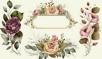 acquerello floreale illustrazione impostato - mazzi di fiori, telaio, confine. fiori, rosa, peonia, foglia rami collezione. nozze invita, sfondi, moda. eucalipto oliva le foglie camomilla, creare ai foto