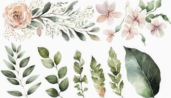 acquerello floreale illustrazione mazzo impostato - foglie, pesca arrossire fiori rami. nozze inviti, saluti, sfondi, moda, stampe. eucalipto, oliva, peonia, rosa, creare ai foto