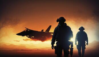 militare piloti vicino Jet combattente a tramonto. militare aviazione. creato con generativo ai foto