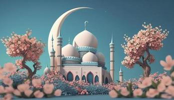 moschea e Luna con fiori, pastello colori, su blu sfondo. 3d rendere e illustrazione, , creare ai foto