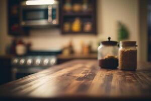 cucina di legno tavolo superiore con sfocatura sfondo. ai generato foto