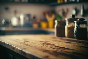 cucina di legno tavolo superiore con sfocatura sfondo. ai generato foto