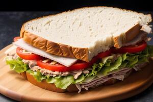Sandwich con prosciutto, formaggio e insalata su un' bianca piatto. Sandwich con tonno e verdure. generativo ai foto