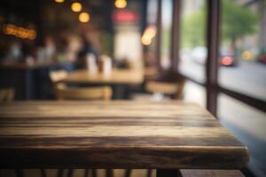 di legno tavolo nel davanti di astratto sfocato caffè negozio sfondo. ai generato foto