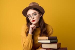 ai generativo ritratto di un' giovane bellissimo alunno ragazza con libri su solido sfondo. foto