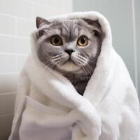 carino piegare gatto coccolato nel grande asciugamano generativo ai foto