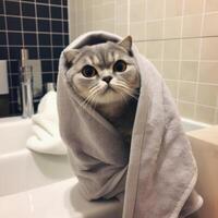 piegare gatto coccolato nel grande asciugamano nel un' bagno generativo ai foto