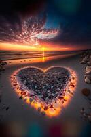 cuore fatto di rocce su un' spiaggia a tramonto. generativo ai. foto