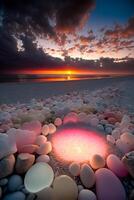 cerchio di rocce su un' spiaggia con un' tramonto nel il sfondo. generativo ai. foto