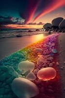 arcobaleno di rocce su un' spiaggia a tramonto. generativo ai. foto