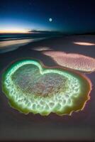 coppia di cuore sagomato rocce seduta su superiore di un' sabbioso spiaggia. generativo ai foto