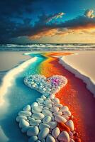 arcobaleno di rocce su un' spiaggia a tramonto. generativo ai. foto