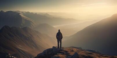 sportivo uomo su il montagna picco guardare su montagna valle con raggi di sole a colorato tramonto nel autunno. paesaggio viaggiatore, nebbioso colline, foresta nel autunno, sorprendente cielo e luce del sole nel autunno. generativo ai foto