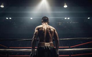 boxe campione in piedi su arena. posteriore Visualizza di A petto nudo uomo nel boxe guanti. muscolare costruire concetto. generativo ai. foto