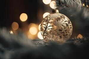 vicino su Visualizza di bellissimo abete rami con brillante oro fronzolo o sfera, natale ornamenti e luci, Natale vacanze sfondo. generativo ai. foto