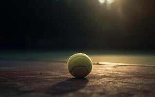 vicino su di tennis palla su argilla corte.tennis sfera. generativo ai. foto