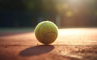 vicino su di tennis palla su argilla corte.tennis sfera. generativo ai. foto