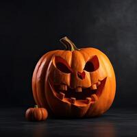 pauroso zucca jack-o-lanterna con raccapricciante trentadue denti Sorridi e ardente splendore dentro realistico illustrazione. tradizionale decorazione, simbolo di Halloween vacanza celebrazione. generativo ai. foto