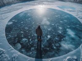 un' uomo sta su trasparente ghiaccio generativo ai foto