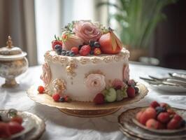 un' bellissimo bianca frutta torta con fiore generativo ai foto