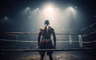 boxe campione in piedi su arena. posteriore Visualizza di A petto nudo uomo nel boxe guanti. muscolare costruire concetto. generativo ai. foto