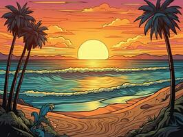 illustrazione di mare paesaggio estate spiaggia con palme, barca, orizzonte a tramonto. artoon stile illustrazione per t camicia design. generativo ai. foto