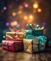 Natale regali avvolto nel colorato carta con nastro su di legno tavolo sfondo e bokeh. posto per tipografia e logo. copia spazio. generativo ai. foto