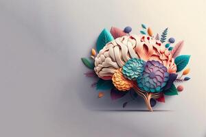 mentale Salute concetto. illustrazione design di umano cervello fatto di fiori. generativo ai. foto