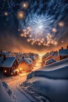 neve coperto cittadina con fuochi d'artificio nel il cielo. generativo ai. foto