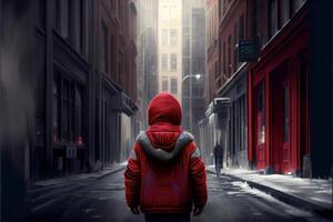 persona nel un' rosso giacca a piedi giù un' strada. generativo ai. foto