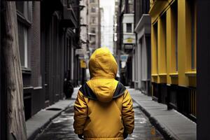 persona nel un' giallo giacca a piedi giù un' strada. generativo ai. foto